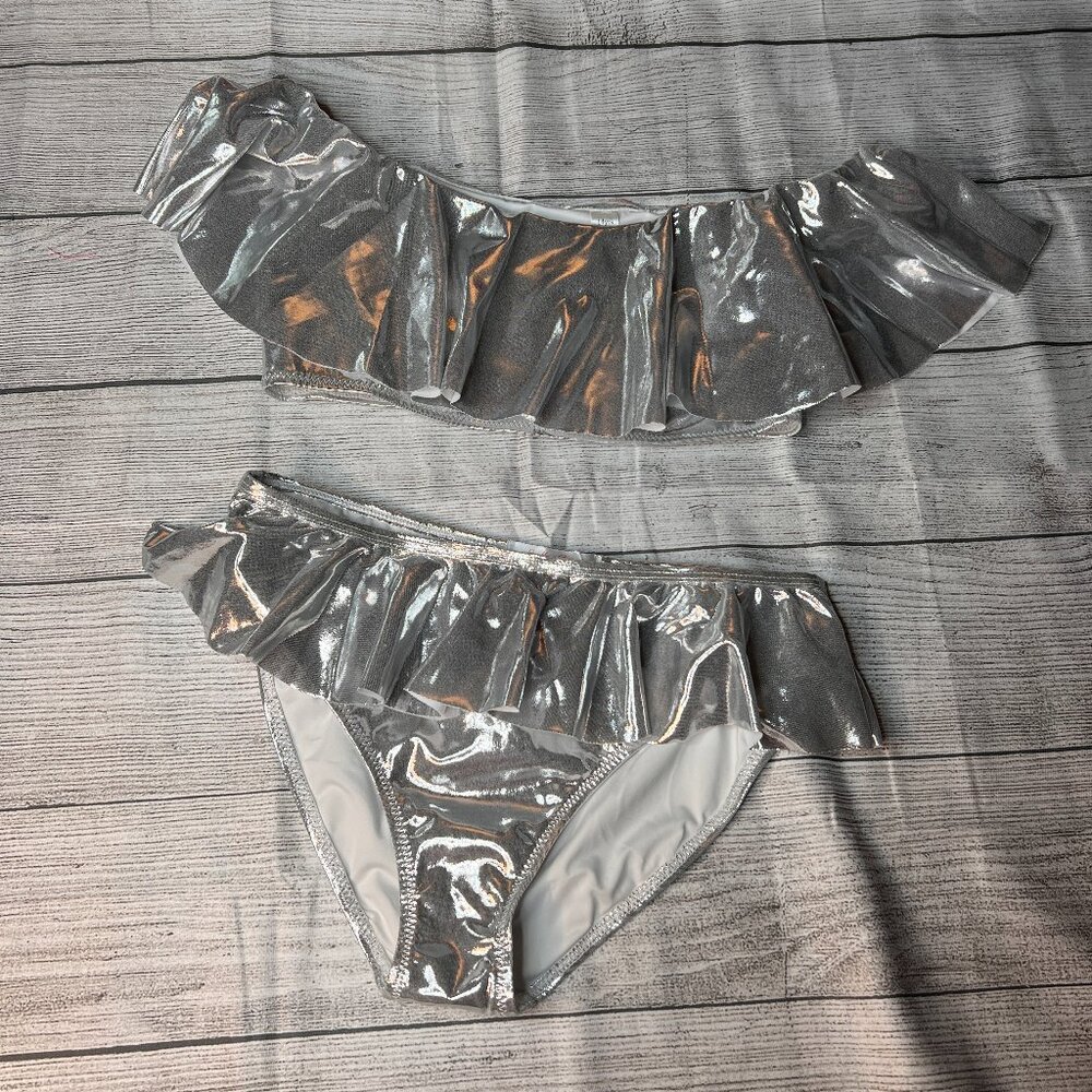 Stella Cove NWT Girls Metallic Silver Ruffle Two Piece Bikini Swimsuit Size 14Y - Picture 2 of 7
